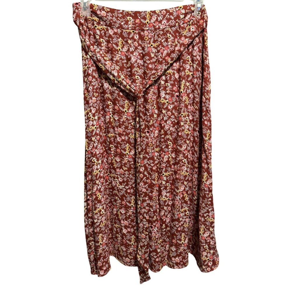 Love Fire Womens Red Ditsy Floral Back Zip Waist Tie Prairie Midi Skirt Sz L